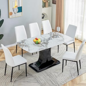 White 7-Piece Rectangular Faux Marble Top Dining Table Set Seats 6-8 with Convertible Base, 6-Upholstered Chairs