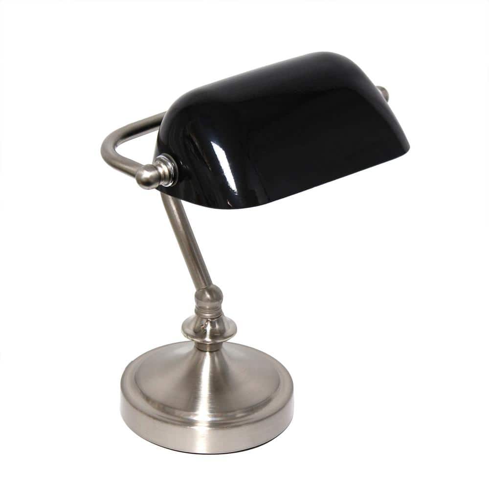 Petite Brushed Nickel Bankers Table Lamp with Black Glass Shade