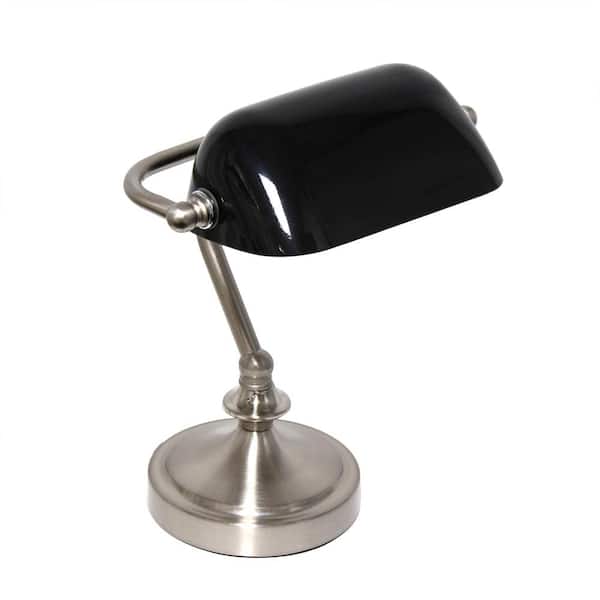 Creekwood home 9.2 in. Classic Petite Brushed Nickel Bankers Table Lamp, for Office, Study, Nightstand, Black Shade