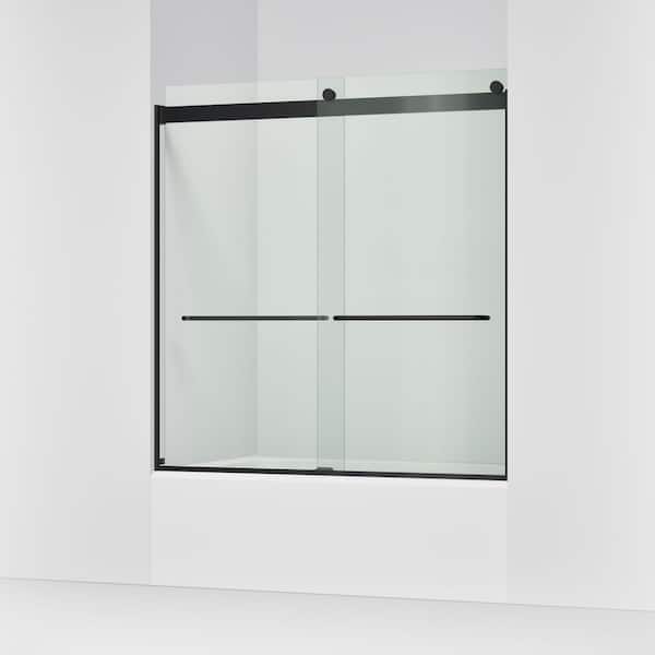Levity 56-60 in. W x 62 in. H Sliding Frameless Tub Door in Matte Black with 1/4 in. Thick Clear Tempered Glass
