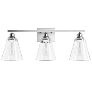 25.6 in. 3-Light Silver Vanity Light Over Mirror Bathroom Wall Sconce Lighting with Glass Shades