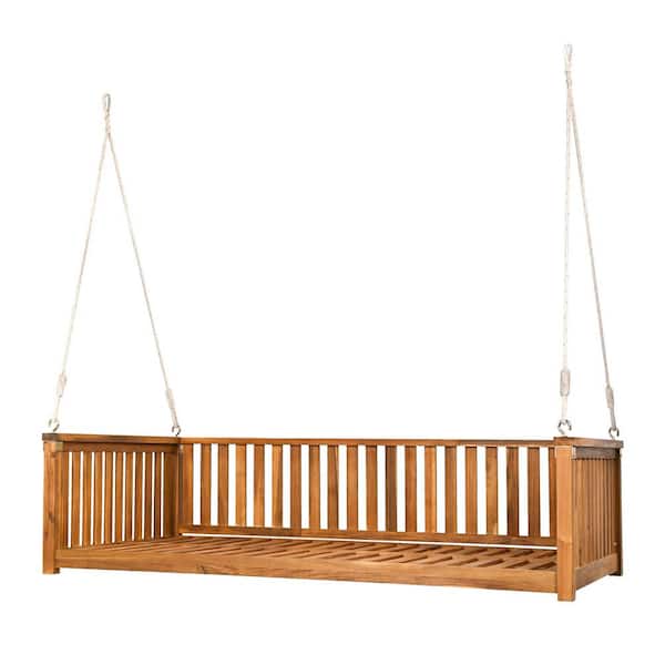 Sudzendf Teak Patio Minimalist Twin Size Wood Porch Swing with Ropes for Backyard, Safe Sloped Design