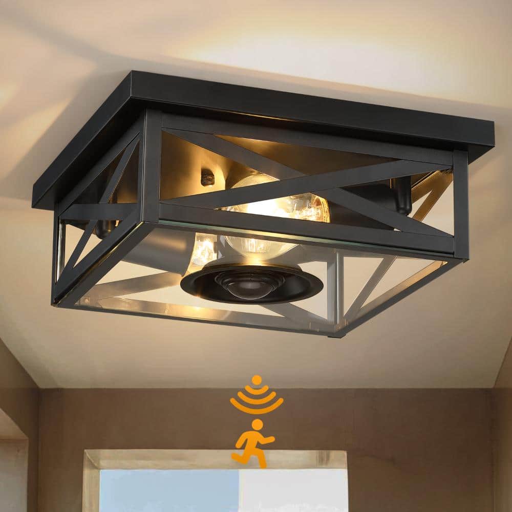 10.6 in.Square Black Motion Sensing Dusk to Dawn Hardwired Indoor Outdoor Ceiling Light Flush Mount Light Wet Rated price history on PriceWatchPro