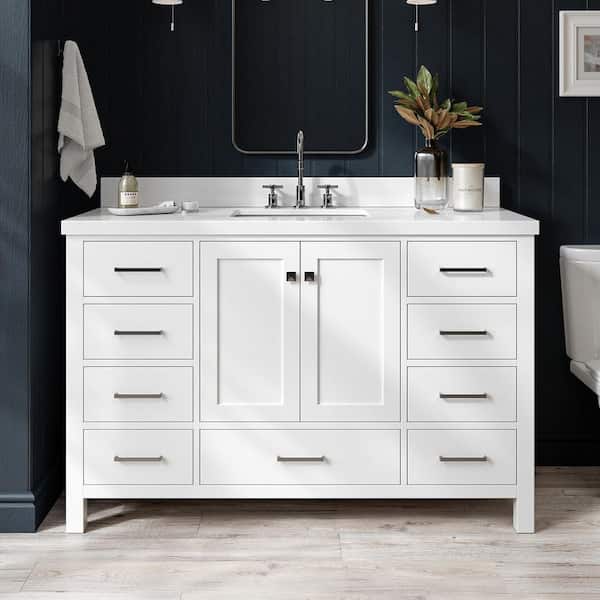 Cambridge 54 in. W x 22 in. D x 36 in. H Single Freestanding in White Bath Vanity with Pure White Quartz Top