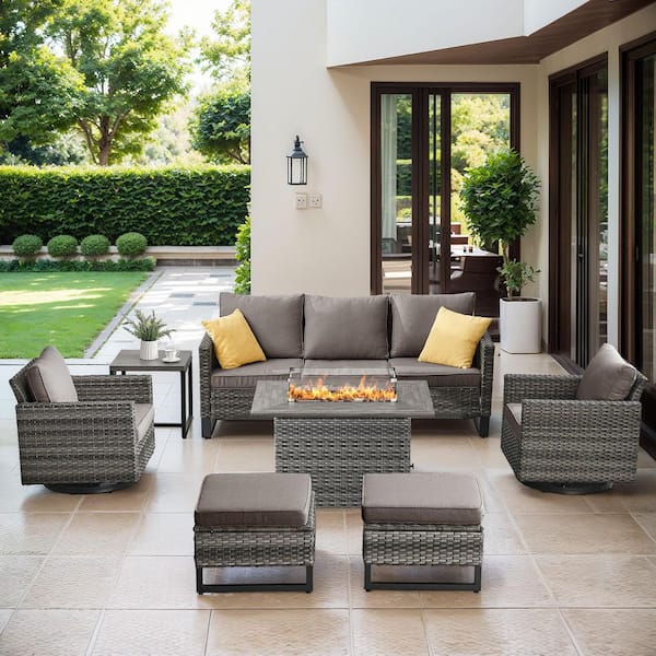 Gymojoy Valenta Gray Wicker 7-Piece Patio Conversation Sofa Set Outdoor Furniture Sectional Fire Pit Table and Gray Cushions
