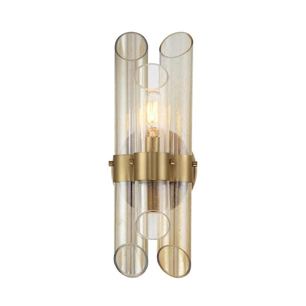 Savoy House Biltmore 5 in. W x 14.5 in. H 1-Light Warm Brass Modern Wall Sconce with Clear, Champagne and Smoked Glass