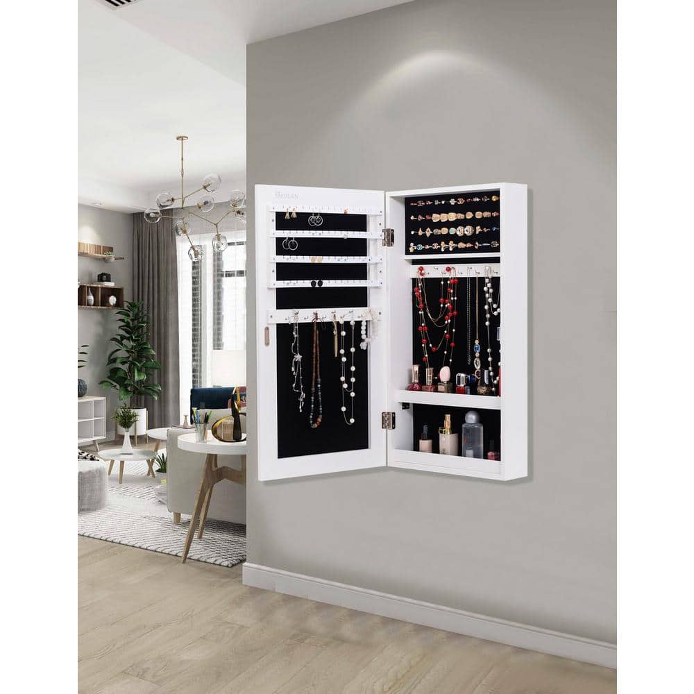 Door Type Wall Mounted LED Lamp Mirror Jewelry Box Cabinet Storage