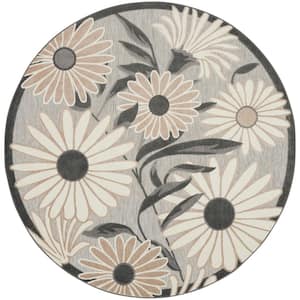 Aloha Beige 5 ft. x 5 ft. Botanical Contemporary Round Indoor/Outdoor Area Rug