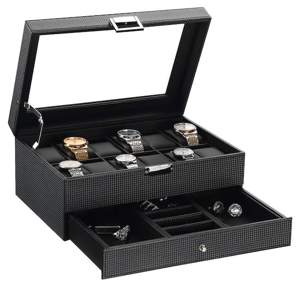 Unbranded 12-Slot Watch Box with Valet Drawer-Glass Top, Carbon Fiber Design, Black, 11.34 in. x 7.95 in. x 5.16 in.
