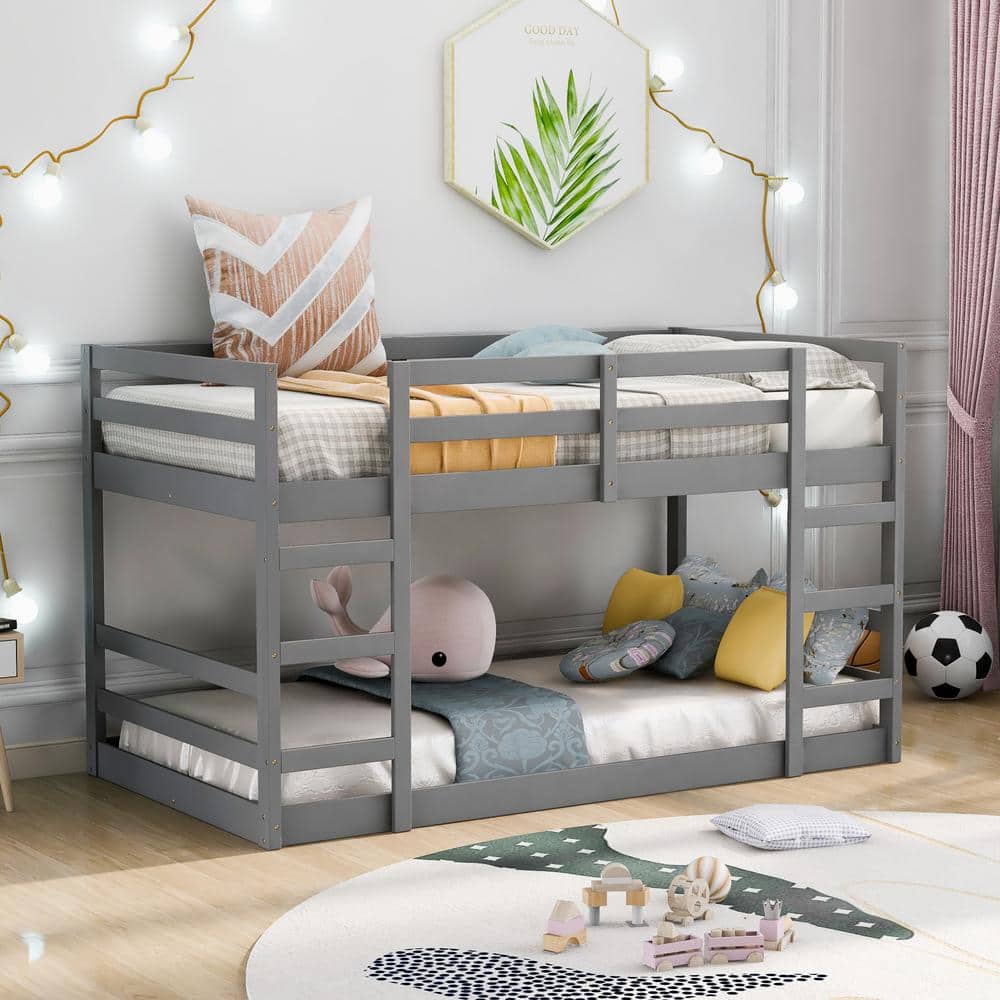 Low and Durable Gray Twin Over Twin Bunk Bed with Ladder