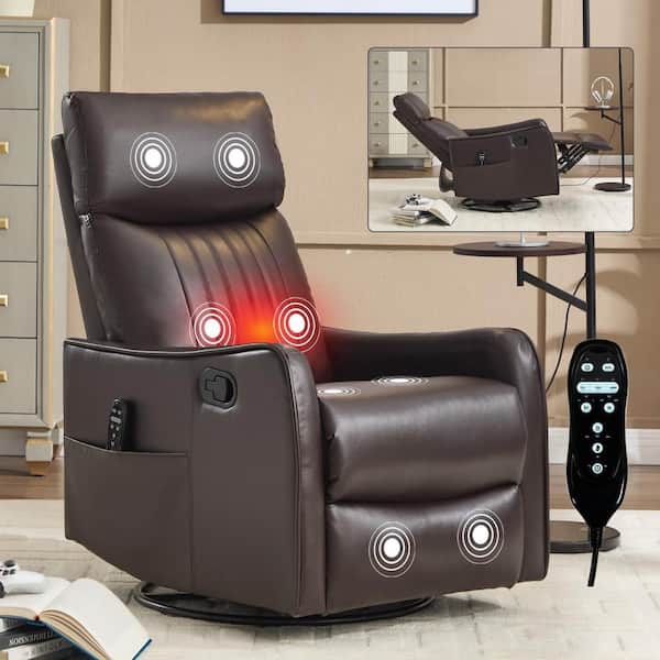 Brown Faux Leather Heat Massage Manual Recliner Chair with Rocker and Swivel in Fabric for Living Room