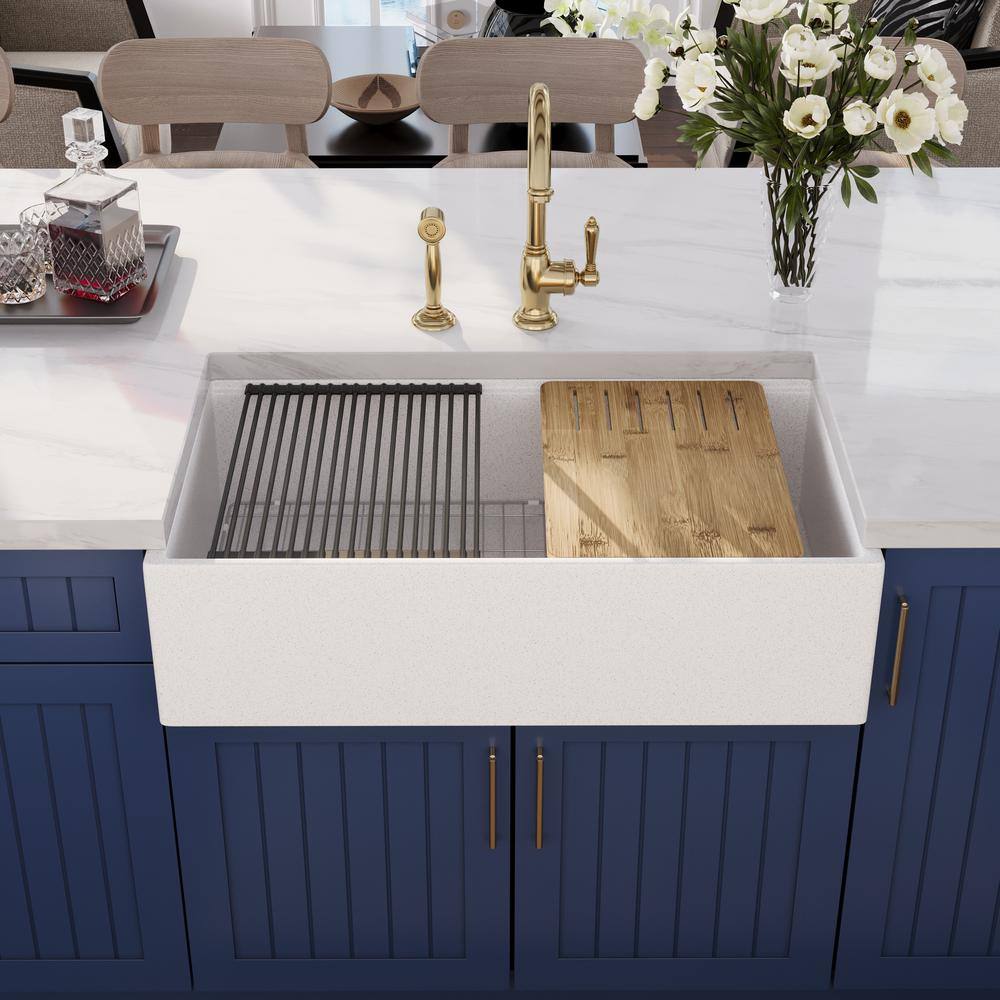 33" Gritty White Stainless Steel Farmhouse Workstation Sink