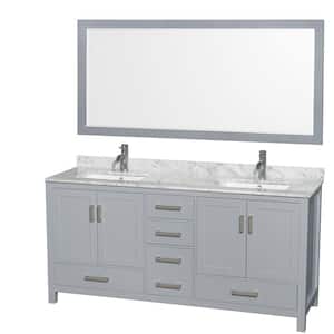 Sheffield 72 in. W x 22 in. D x 35 in. H Double Bath Vanity in Gray with White Carrara Marble Top and 70" Mirror