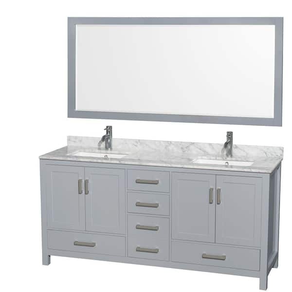 Wyndham Collection Sheffield 72 in. W x 22 in. D x 35 in. H Double Bath Vanity in Gray with White Carrara Marble Top and 70" Mirror
