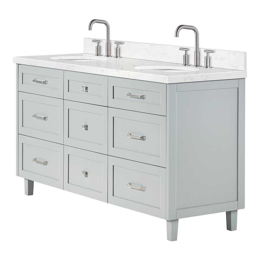 Gray Wood Double Sink Freestanding Vanity with Quartz Top