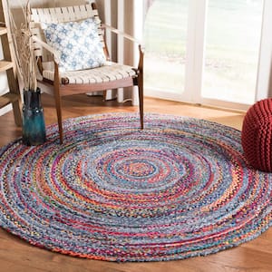 Braided Blue/Red 3 ft. x 3 ft. Round Geometric Area Rug