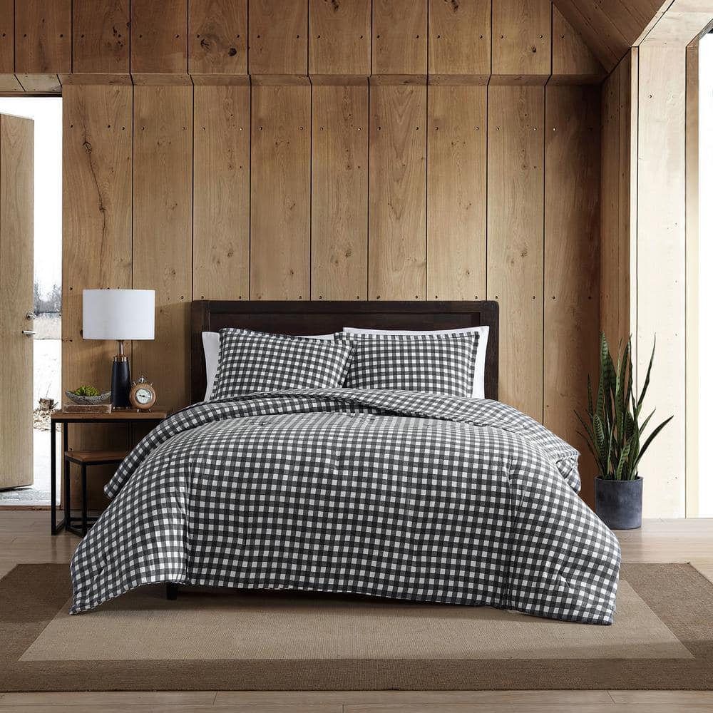 Eddie Bauer Preston 3Piece Gray Plaid Cotton Flannel Full/Queen Duvet