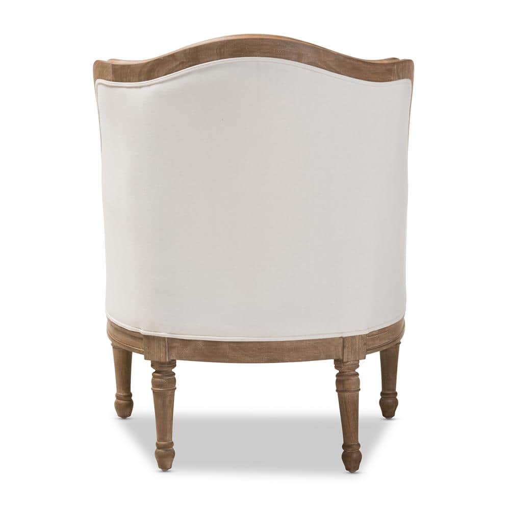 Charlemagne Distressed Brown Oak Wood French Accent Chair with Beige Cotton