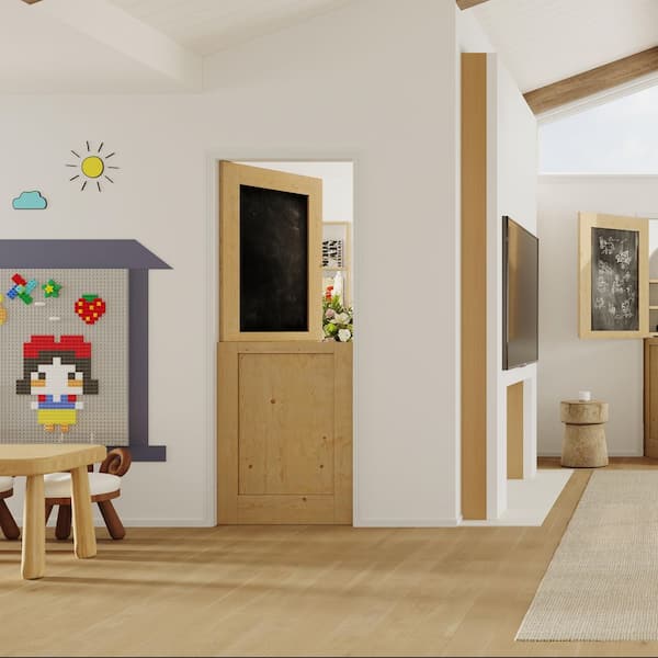 28 in. x 80 in. Interior Dutch Door, Half Blackboard Clear Coat Finish Natural Pine Wood Split Door Slab, Light Brown