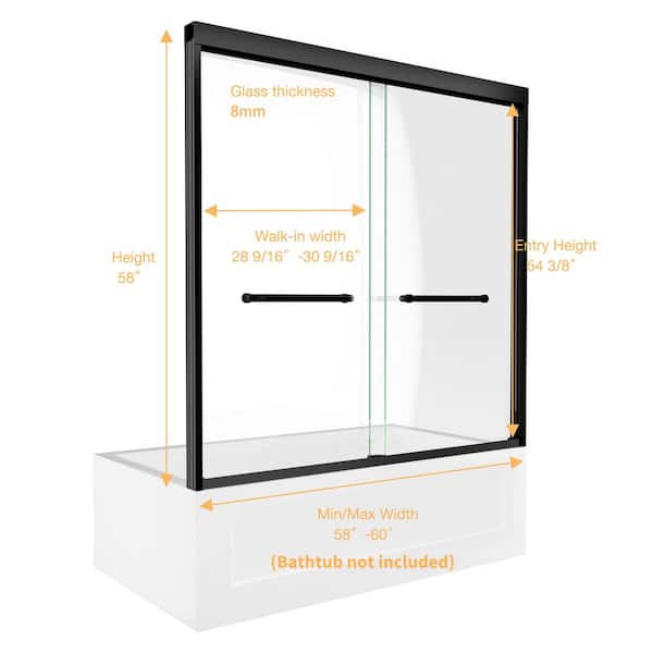 56 in. to 60 in. W x 58 in. H Sliding Framed Tub Door in Matte Black with 5/16 in. (8 mm) Tempered Clear Glass