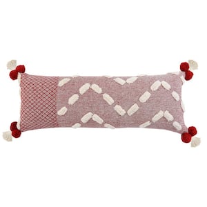 Zeal Red/Cream Geometric Trellis Tassels Pom-Pom Tufted Poly-fill 14 in. x 36 in. Throw Pillow