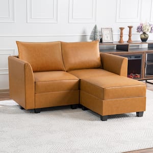 61.22 in. 1-Piece Caramel Faux Leather Contemporary Straight Arm Loveseat with Ottoman Living Room Set