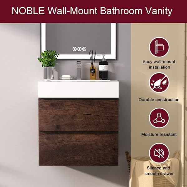 24 in. Wall Mount Modern Single Sink Walnut Bath Vanity with One-Piece White Solid Surface Top Sink Pre-assembled