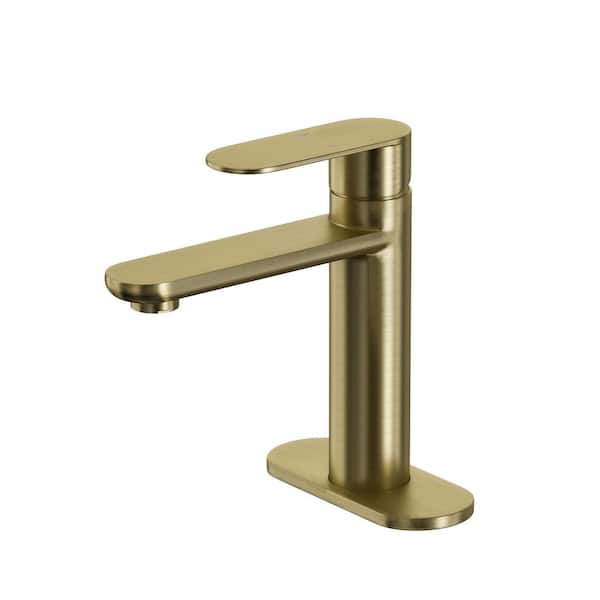 Fapully Single Handle Deck Mount Bathroom Faucet with Deck Plate, Single Hole Bathroom Sink Faucet in Brushed Gold