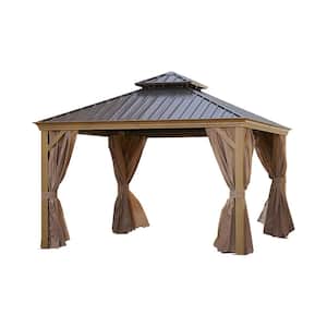 12 ft. x 12 ft. Brown Patio Gazebo with Steel Canopy, Outdoor Permanent Hardtop Gazebo for Patio, Garden, Backyard