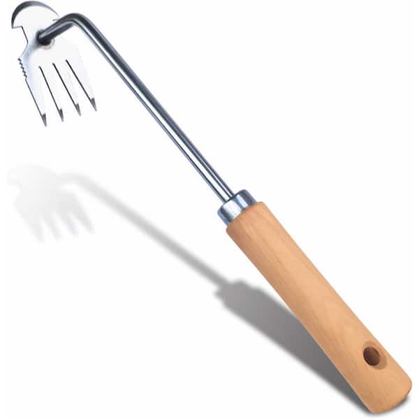 4-Claw Weed Puller Uprooting Weeding Tool Gardening Hand Tool Stainless Steel with Solid Wood Handle Brown