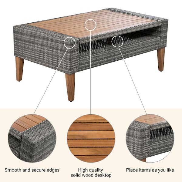 6-Piece Wicker Outdoor Rattan Sectional Sofa Set with Double Cushions and Wood Legs Wood Table Top in Beige and Gray