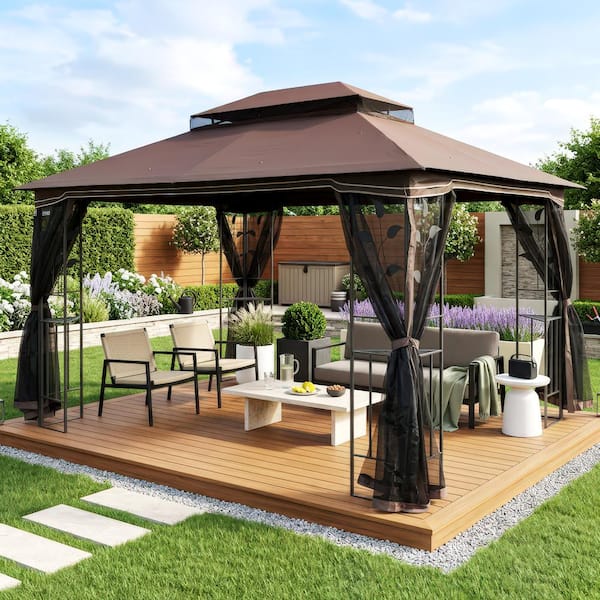 13 ft. x 10 ft. Brown Top Outdoor Patio Gazebo Canopy Tent with Ventilated Double Roof And Mosquito net (Gazebo)
