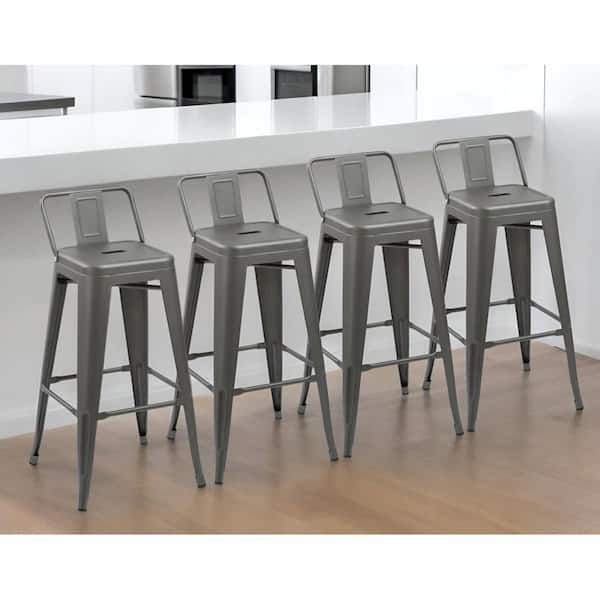 HomeRoots 26 in. Gray Low Back Metal Counter Height Bar Chair with Metal Seat Set of 4
