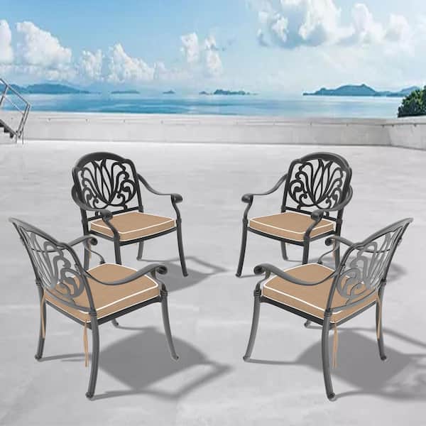 Cast Aluminum Outdoor Dining Chair with Brown Cushion (4-Pack)