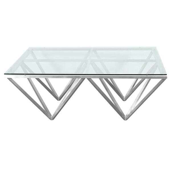 Armen Living Armen Living Tempered Glass Top Contemporary Rectangular Coffee Table in Brushed Stainless Steel