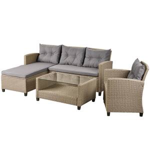 4 Piece Brown Conversation Set Wicker Ratten with Gray Seat Cushions