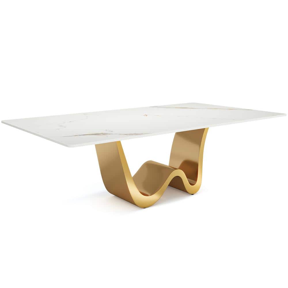 Roesler White and Gold Sintered Stone 78.74 in. Pedestal Modern Large Rectangular Dining Table for 8