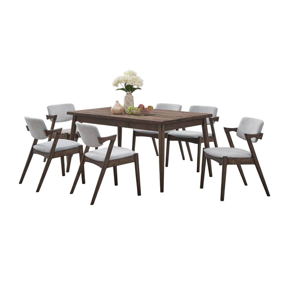 Lara 7-Piece Wood Top Dining Set with Ash Upholstered Dining Chairs, Walnut Dining Table, Seats 6