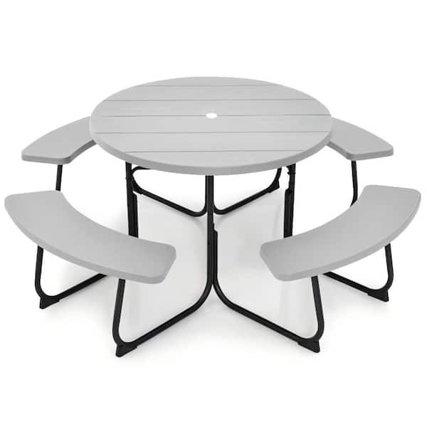 Clihome 5-Piece Gray Metal Outdoor Dining Picnic Table and Bench Set with Umbrella Hole