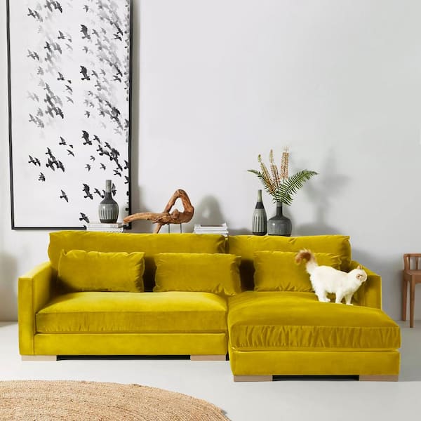 Monland Modern 104 in. Square Arm Velvet Upholstered L-Shaped Oversized Deep-Seated Convertible Chaise Sectional Sofa in. Yellow