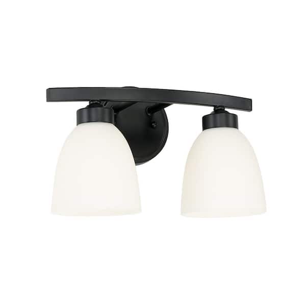 HOMEPLACE LIGHTING 13 in. W x 8.5 in. H x 7.5 in. E 2-Light Soft White Glass Vanity Light in Matte Black
