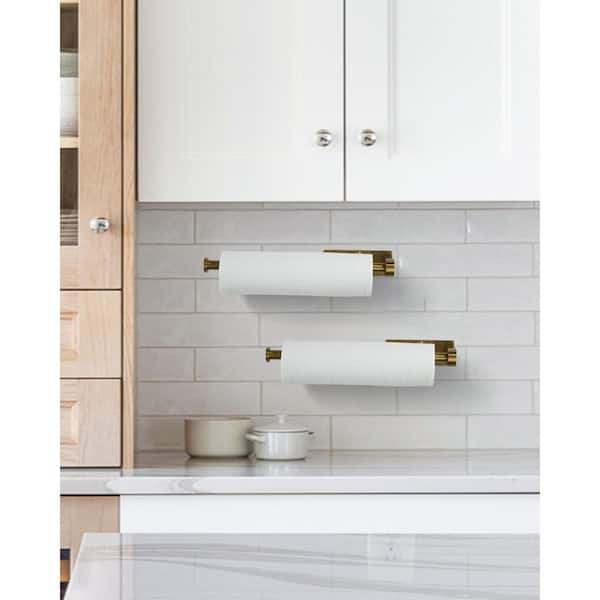 Wall Mount Drilled Stainless Steel Paper Towel Holders Under Cabinet for Kitchen in Brushed Gold (2 Pack)