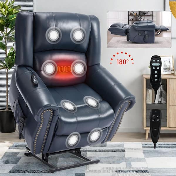 Blue Dual Motor Genuine Leather Power Lift Recliner Heat Massage, Heavy Duty Motion Mechanism with USB Ports