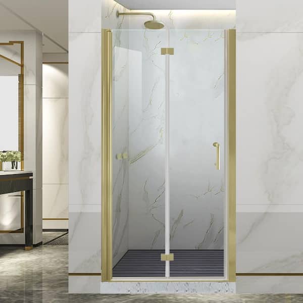 Lonni 36-37.9 in.W x 72 in.H Bi-Fold Frameless Shower Door with 1/4 in Clear SGCC Tempered Glass and Brushed Gold Finish