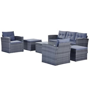 Dark Gray 6-piece Wicker Patio Conversation Sectional Seating Set with Light Grey Cushions