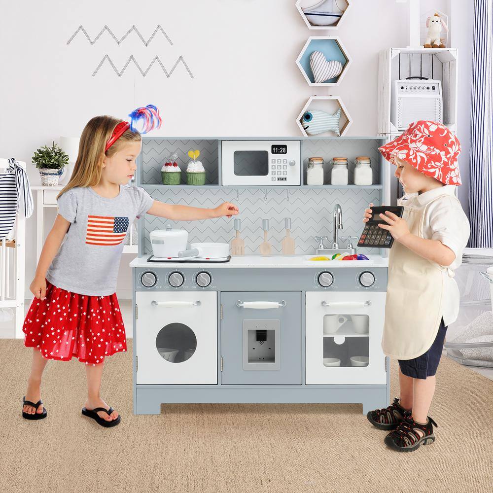 Gray and White Wooden Kids Play Kitchen Set with Light & Sound
