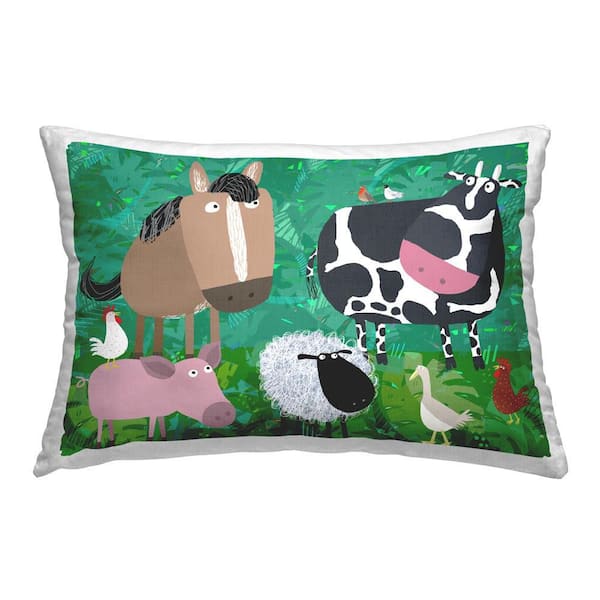 Whimsical Farm Animals Green Floral Polyester 14 in. x 20 in. Throw Pillow