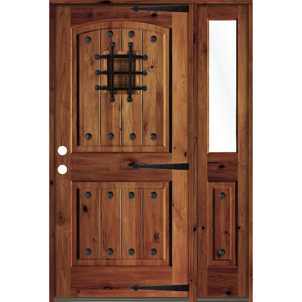 Krosswood Doors 56 in. x 80 in. Medit. Knotty Alder Right-Hand/Inswing Clear Glass Red Chestnut Stain Wood Prehung Front Door w/RHSL