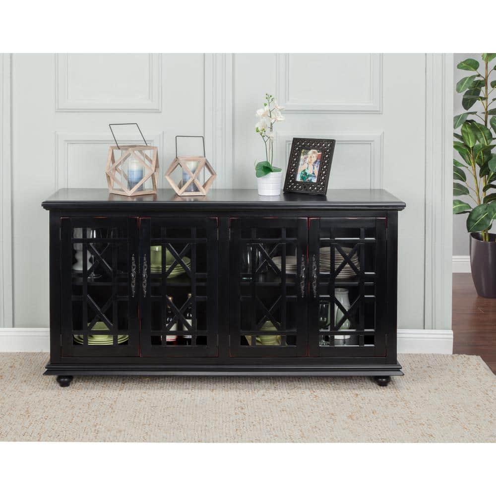 Parisian Antique Black 63" Transitional TV Stand with Glass Doors