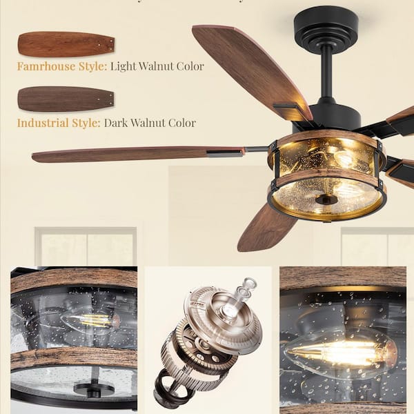 52 in. Black Indoor 6 Speeds Reversible Raindrop Glass Caged Ceiling Fans with Lights and Remote and Dual Finish Blades